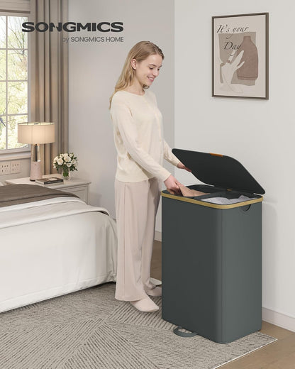 SONGMICS Laundry Hamper, Laundry Sorter with Lid, Storage Basket Bin, Removable Liners, Bamboo Frame, for Bedroom, 3 Sections, 44.9 Gal. (170 L), Ink Black ULCB533BH01