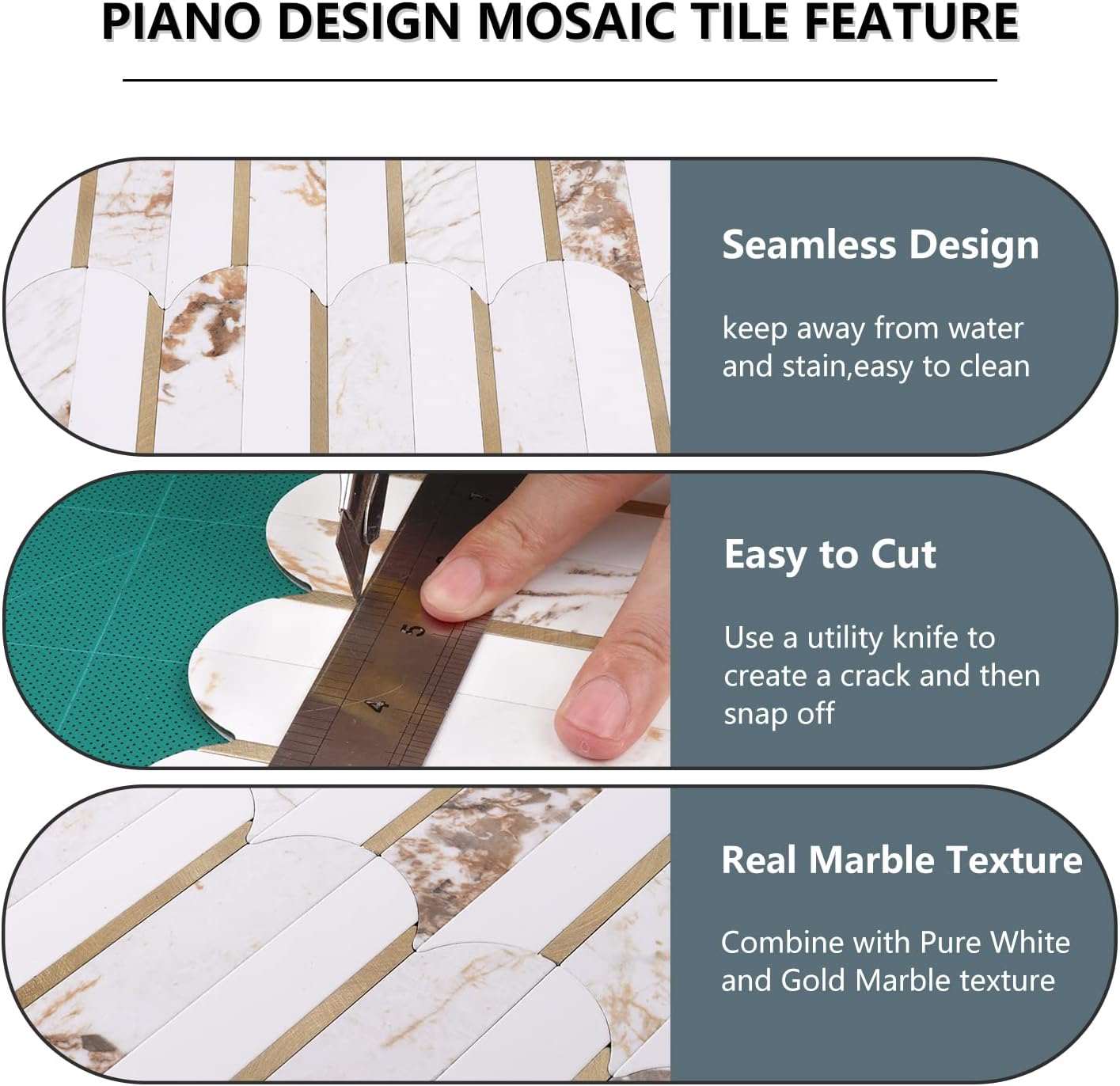 Vamos Peel and Stick Backsplash Seamless Tile for Kitchen and Bathroom,White and Beige Slate PVC Mixed Light Gold Self Adhesive Fish Scale Metal Mosaic Tiles (10 Sheets)