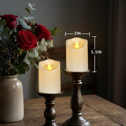 Outdoor Indoor Flameless Candles, Patented 3D Dual-LED, Set of 6 Slanted Top Durable Plastic Pillars with 2 Remotes & Timer, Non-Melting Waterproof Battery Candles for Patio Garden (Ivory)