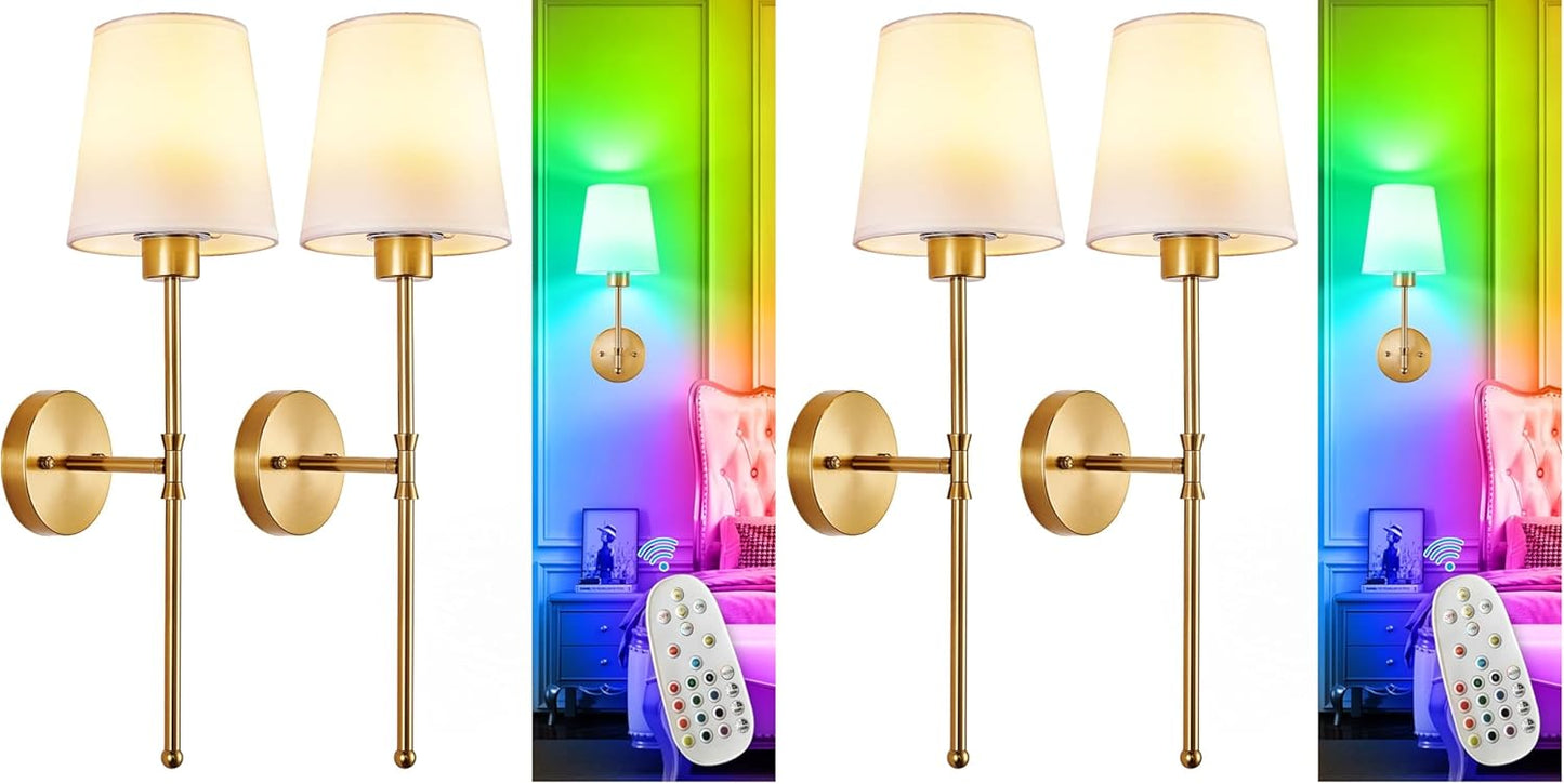 Depuley Battery Operated Wall Sconce: Set of 2 Wireless Wall Lights with 10000mAh Dimmable Bulbs and Remote for Bedroom - Rechargeable 15 Colors Gold Wall Lamp for Living Room Hallway