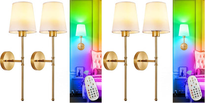 Depuley Battery Operated Wall Sconce: Set of 2 Wireless Wall Lights with 10000mAh Dimmable Bulbs and Remote for Bedroom - Rechargeable 15 Colors Gold Wall Lamp for Living Room Hallway