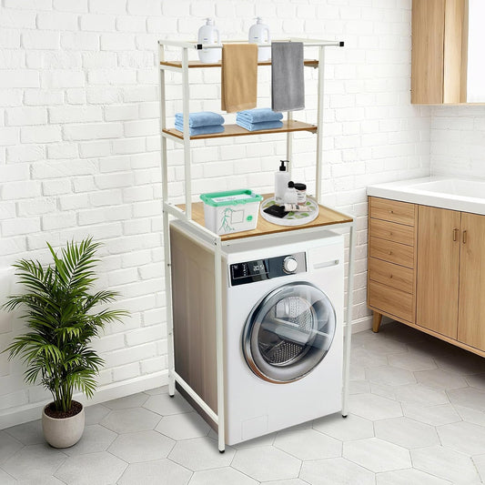 Over Washer and Dryer Storage Shelves, Over Dryer Storage Organizer with Adjustable Rubber Feet, 3 Tiers Laundry Room Storage, Bathroom Space Saving Organizer| US Stock (White+ Log)