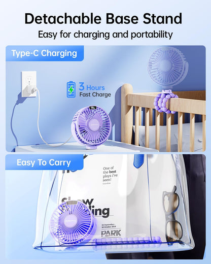 SWEETFULL [2026 Upgrade Portable Stroller Fan with LED Display, 4 Speed Rechargeable Mini Clip On Fan, 360° Rotate Flexible Tripod Better Cooling Small Baby Fan for Car Seat Crib Travel Treadmill