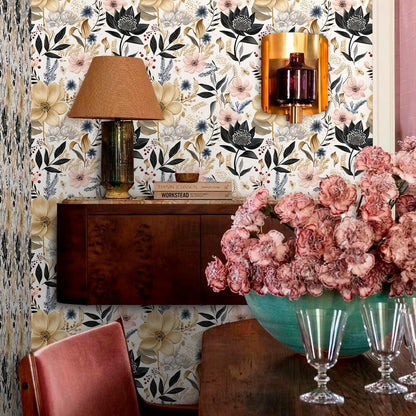 MuralPeel White/Pink/Gold Floral Garden Black Blue Flowers Vintage Peel and Stick Wallpaper Self Adhesive Removable Easy Peel Off Contact Paper Stick on Wall Paper for Bedroom Cabinet Renter Friendly