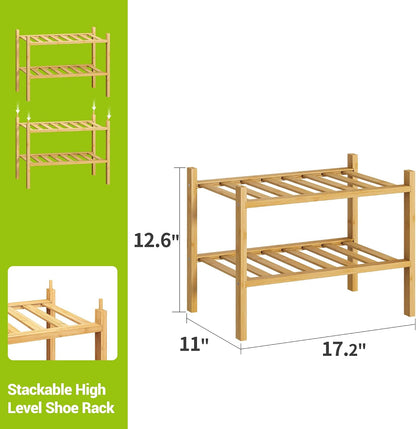 BMOSU 2-Tier Bamboo Small Shoe Rack Premium Stackable Shoe Shelf Storage Organizer for Hallway Closet Living Room Entryway Organizer (Black Bamboo)