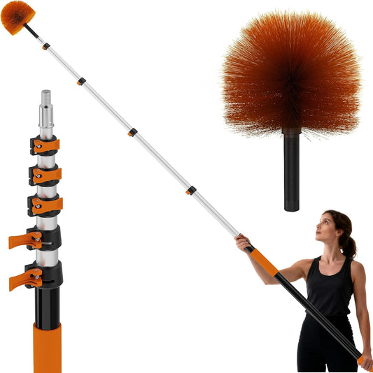 30 FT Reach Cobweb Duster with 5-24 FT Telescoping Pole, Dual Action Flip-Lock & Screw Fixing Design, Washable Reusable Duster for High Ceilings, Fans & Home Cleaning