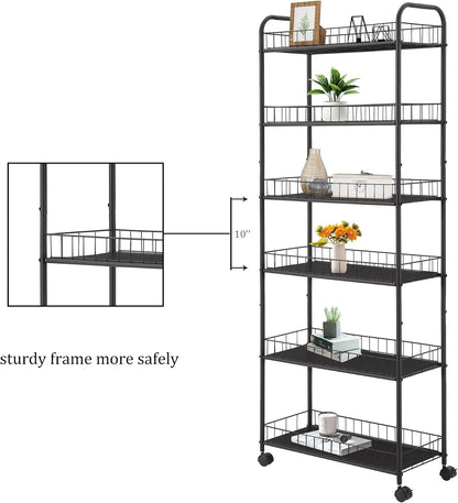 6-Tier Storage Cart Wire Slim Shelving Shelf with Wheels for Small Spaces, Rolling Tall Organizer Storage for Bathroom, Kitchen, Home, Garage, Bedroom, Closet (Black, 10“D)