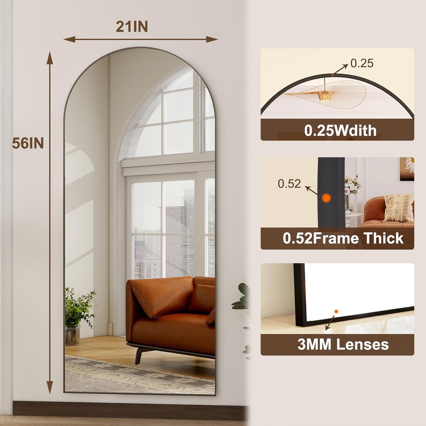 HARRITPURE 64"x21" Arched Full Length Mirror Free Standing Leaning Hanging Mounted Mirror Aluminum Frame Modern Simple Home Decor for Living Room Bedroom Cloakroom, Gold