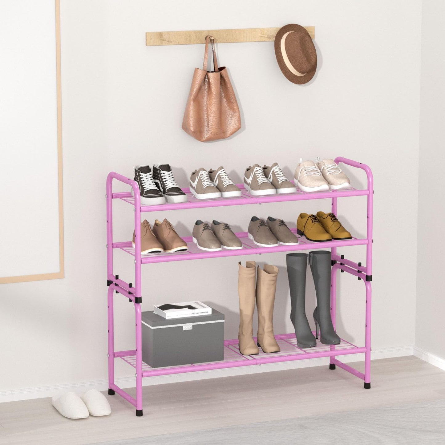 SUFAUY 2 Tier 33" Wide Shoe Rack, Closet Metal Wire, Stackable, Pink