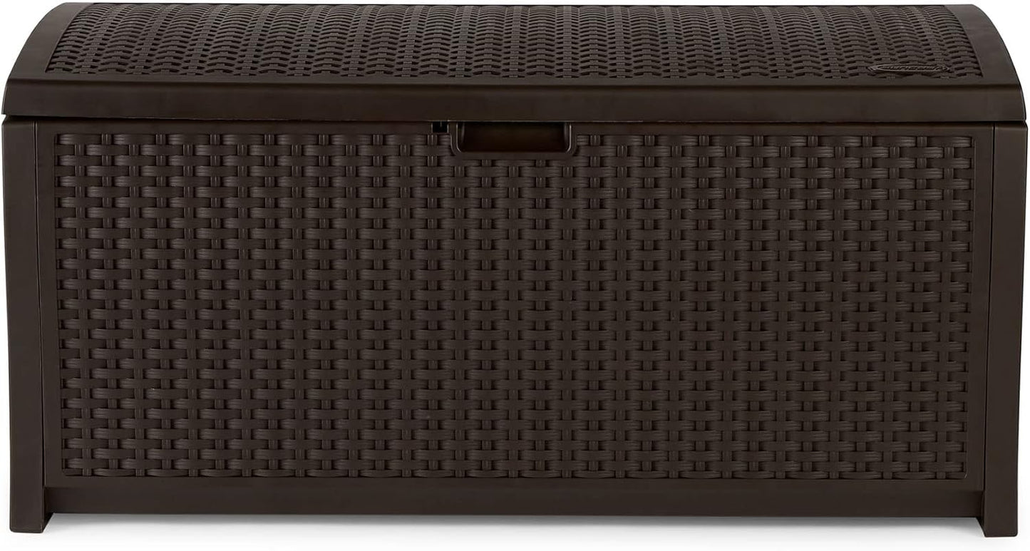 Suncast Outdoor Storage Box - 73 Gallon Mocha Brown Deck Box for Patio, weather-resistant Outdoor Storage Bench, Resin Wicker Style, Heavy-Duty, Lockable Lid for Cushions, Shoes, Pool & Garden Gear