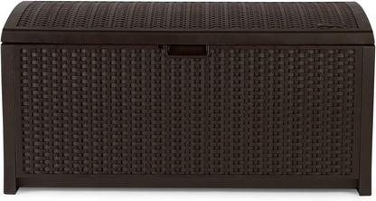 Suncast Outdoor Storage Box - 73 Gallon Mocha Brown Deck Box for Patio, weather-resistant Outdoor Storage Bench, Resin Wicker Style, Heavy-Duty, Lockable Lid for Cushions, Shoes, Pool & Garden Gear