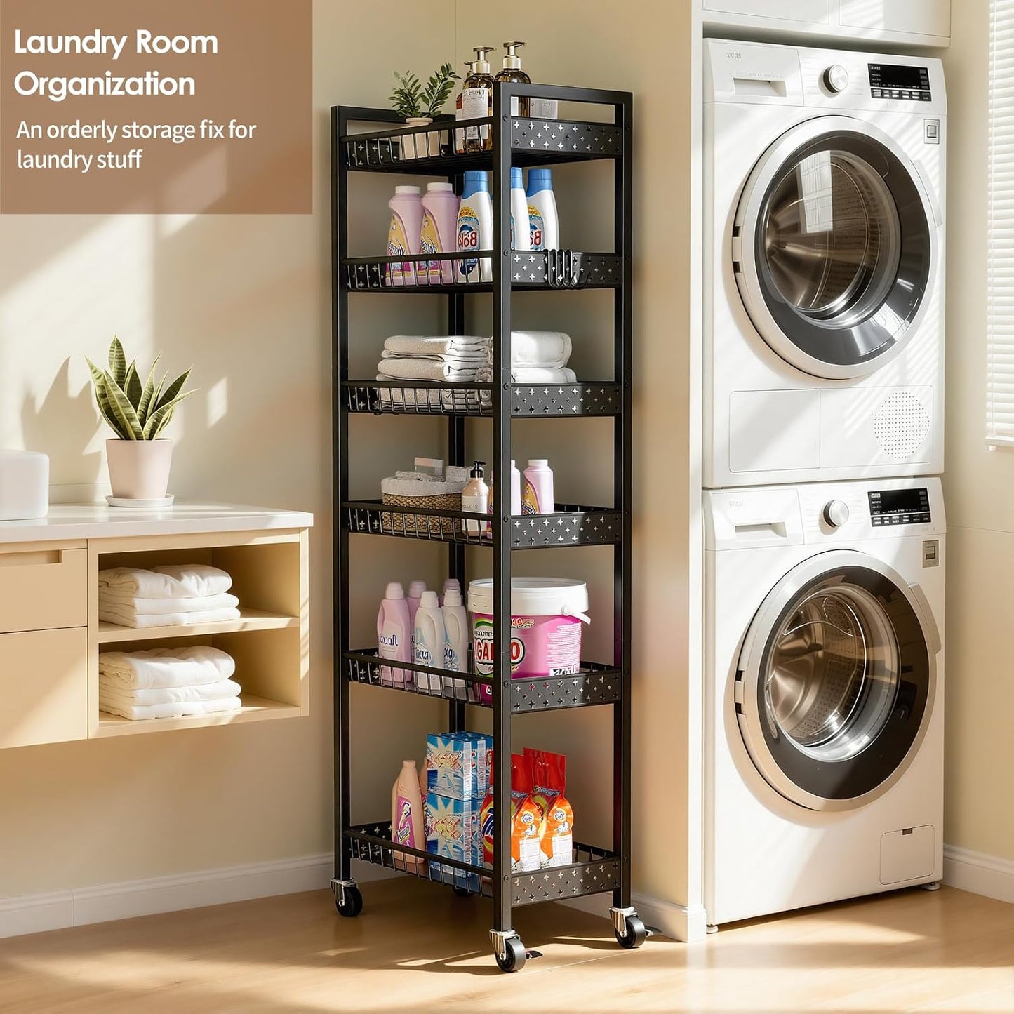 Slim Storage Rolling Cart, 4 Tier Narrow Cart with Wheels, Metal Kitchen Rolling Cart for Small Spaces, Slide Out Storage Shelves for Kitchen, Laundry Room, Bathroom, Living Room, 7.1in(W)
