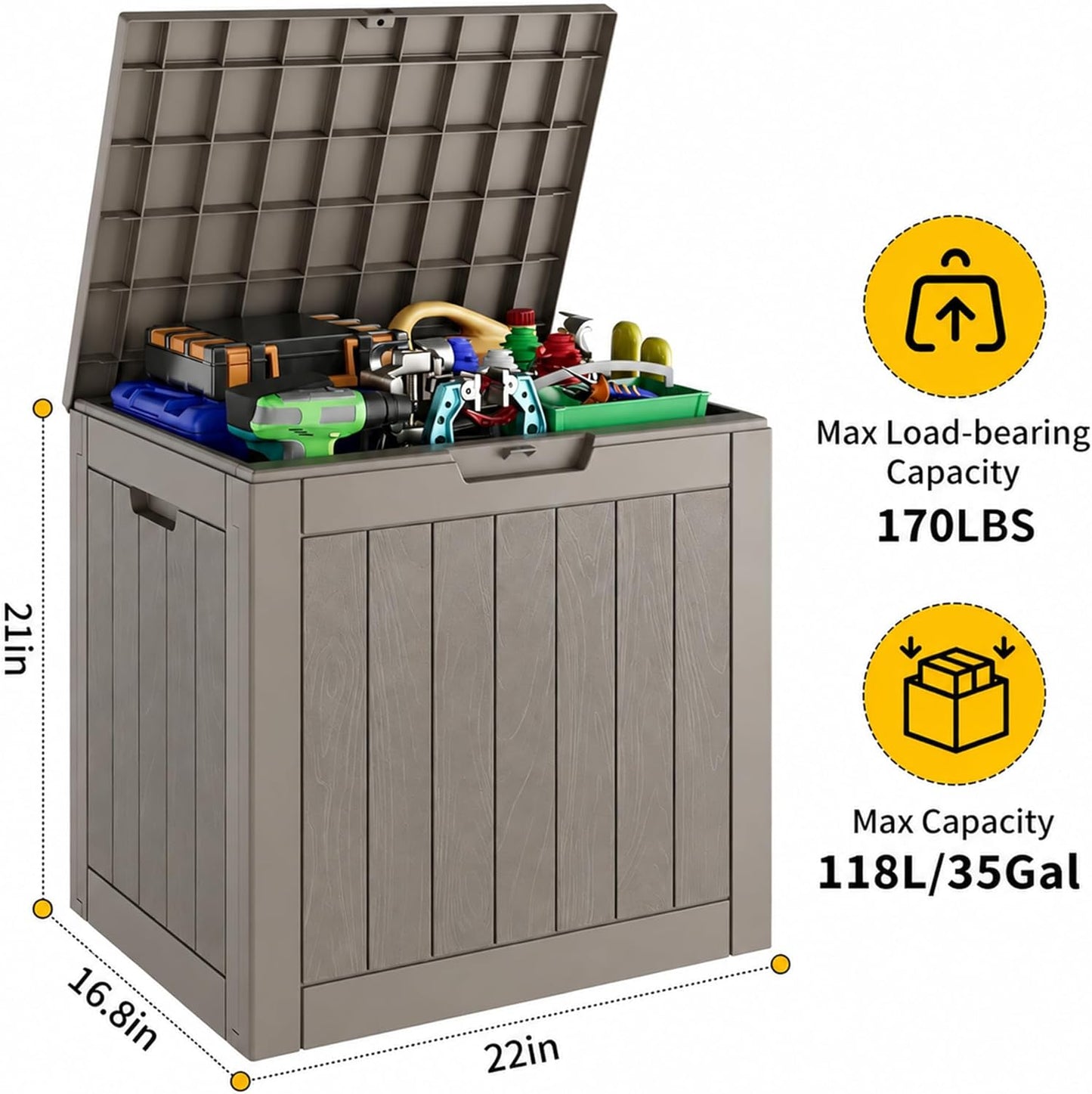 35 Gallon Outdoor Storage Box, Waterproof Resin Deck Box with Lockable Lid – Storage Cabinet for Patio Furniture, Pool Supplies, Garden Tools – Indoor & Outdoor Use