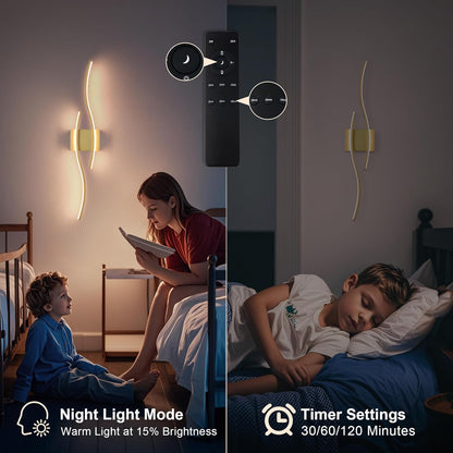 KARTOOSH Battery Operated Wall Sconces Set of Two with Remote Control, Dimmable/3 Colors/Night-Light/Timer/Memory, Gold Modern Wireless LED Sconce for Living Room, Hallway, Bedroom, 27.5 Inch (2 Pack)