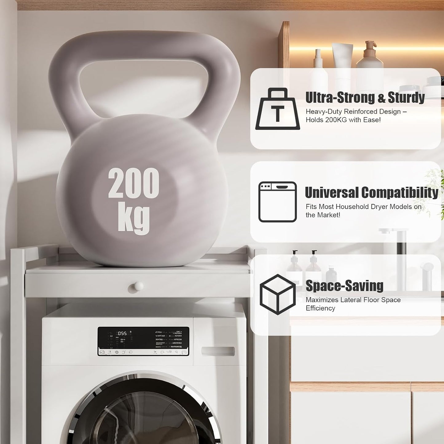 Washer Dryer Shelf Over The Washer Storage Shelf, Washing Machine Storage Utility Rack with Countertop, Height Adjustable Washing Machine Storages Stand White