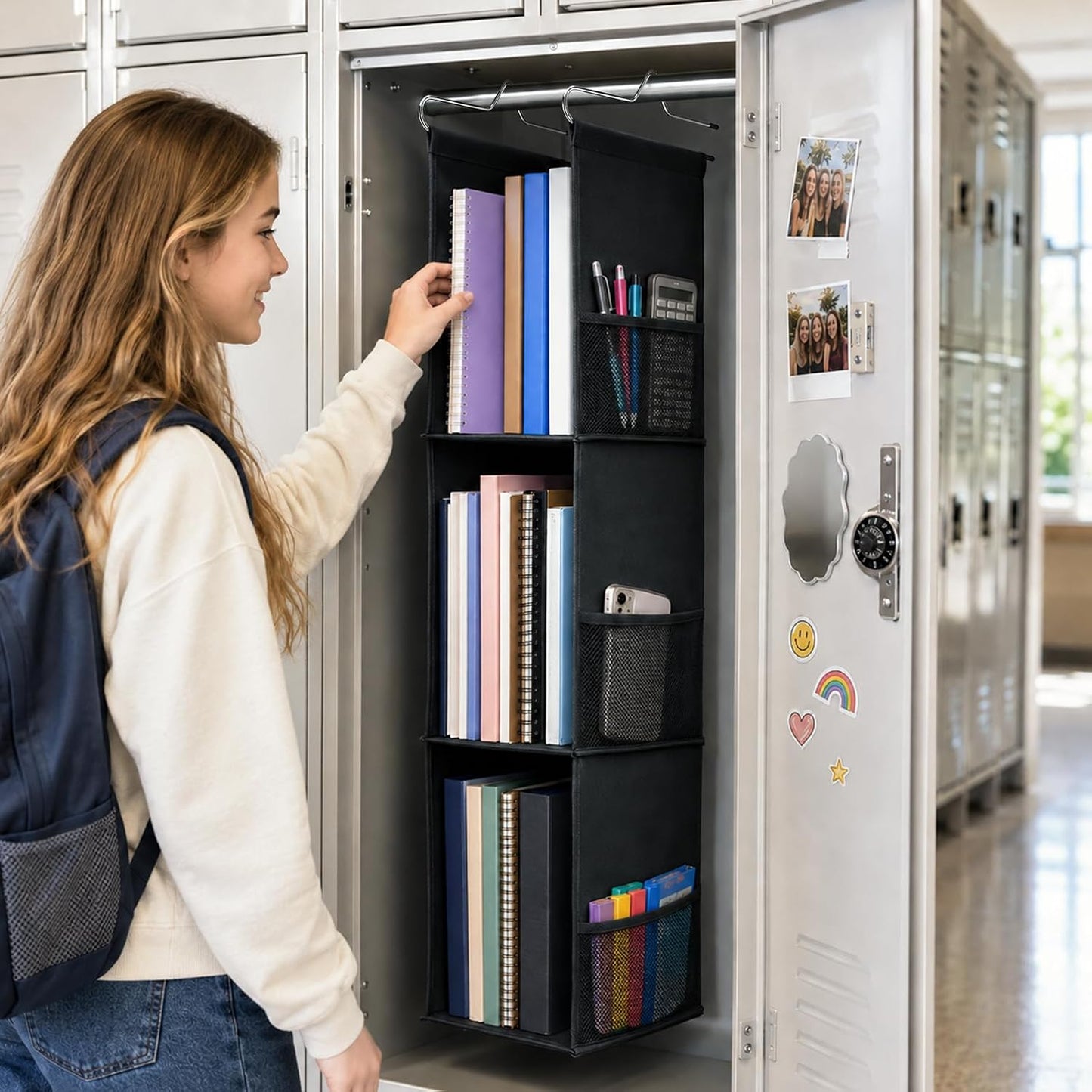 3-Shelf Hanging Locker Organizer for School, 600D Oxford Fabric Locker Shelf Organizer with 6 Mesh Side Pockets, Portable Hanging Storage for Work, Gym, and Closet Lockers