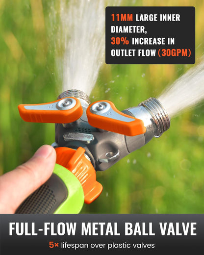 RAINPOINT 2 Way Garden Hose Splitter | Heavy Duty Water Spigot Splitter with Shutoff Valves, 100% Metal Body, 1.9" Extra Long Metal Handle, 3/4" GHT Thread