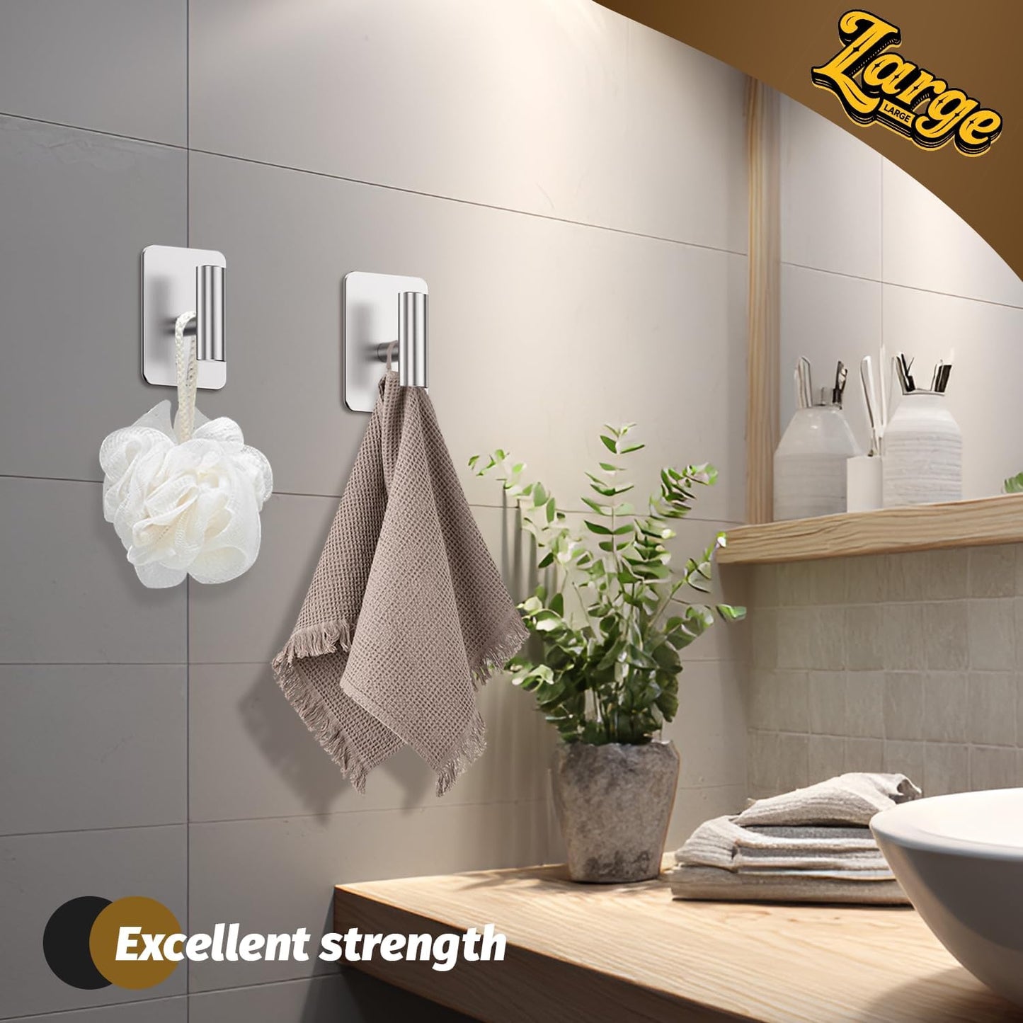 Heavy Duty Adhesive Hooks - 26lb Max, Sticky Wall Hooks Waterproof Stainless Steel for Hanging Towel, Coat, Robe, Towel Hooks Stick on Bathroom, Kitchen, Shower, Door (Black, 4 Pack)
