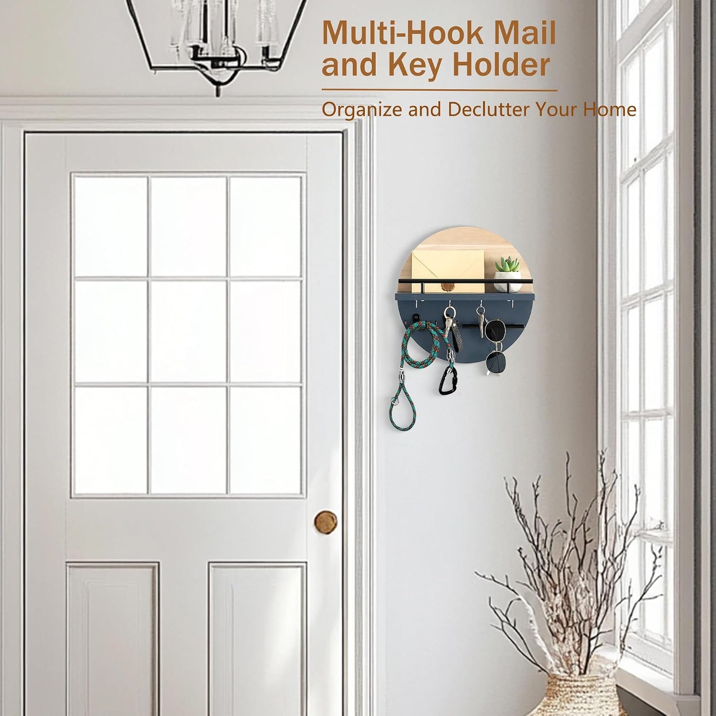 dreampossible Key Holder for Wall Decorative with Shelf and Hooks, Mail Organizer Wall Mount, Circular Design Entryway Key Rack Hanger, Rustic Home Decor (Black)