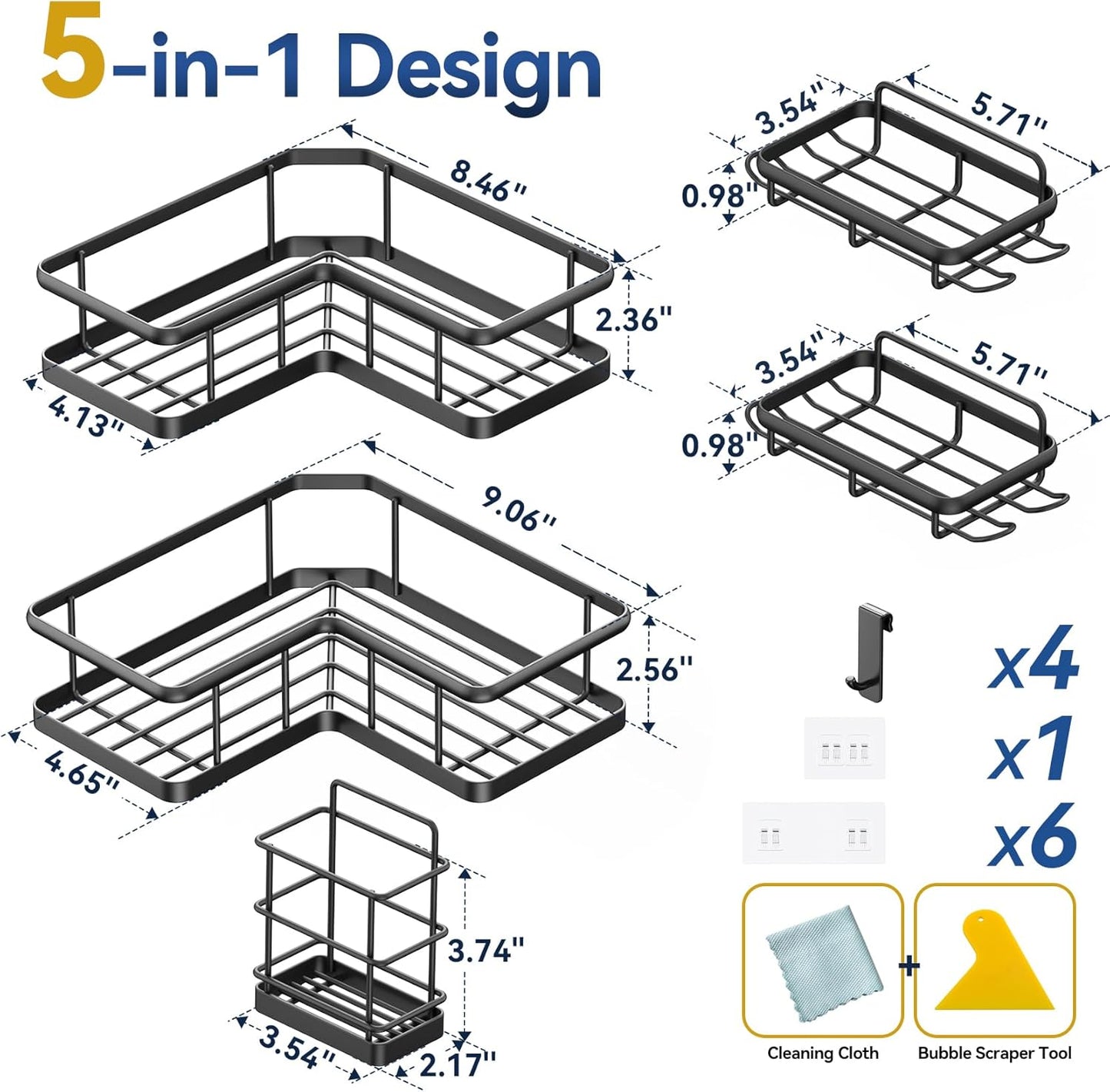 YASONIC Corner Shower Caddy, 5-Pack Adhesive Rustproof Stainless Steel Shower Organizer with Soap Holder, No Drilling Shower Shelf for Inside Shower, Dorm, Renters, Black