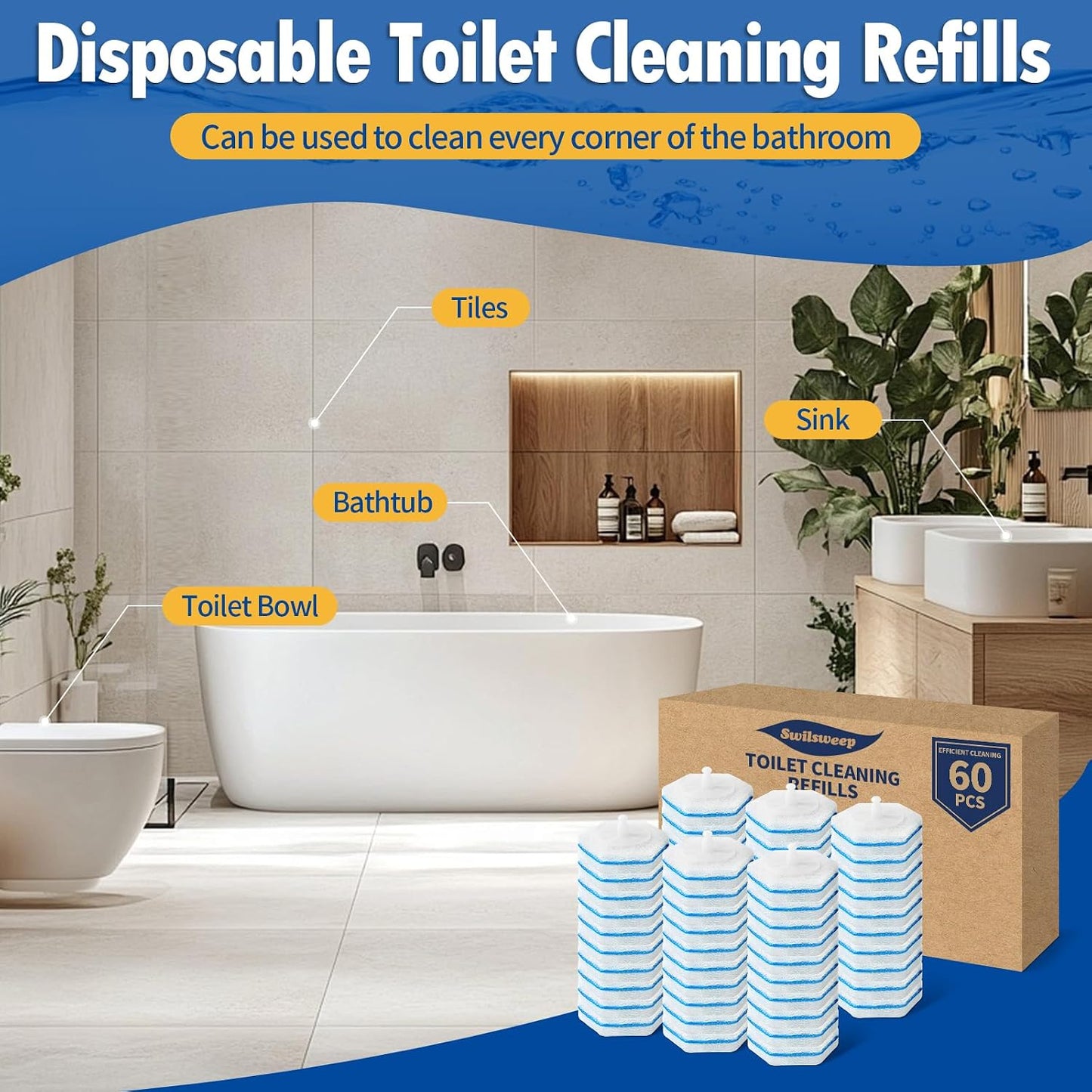 100 Count Toilet Bowl Wand Refills, Disposable Toilet Cleaner Refills, Disposable Wand Heads Compatible with Clorox and the Most Toilet Brushes,unscented