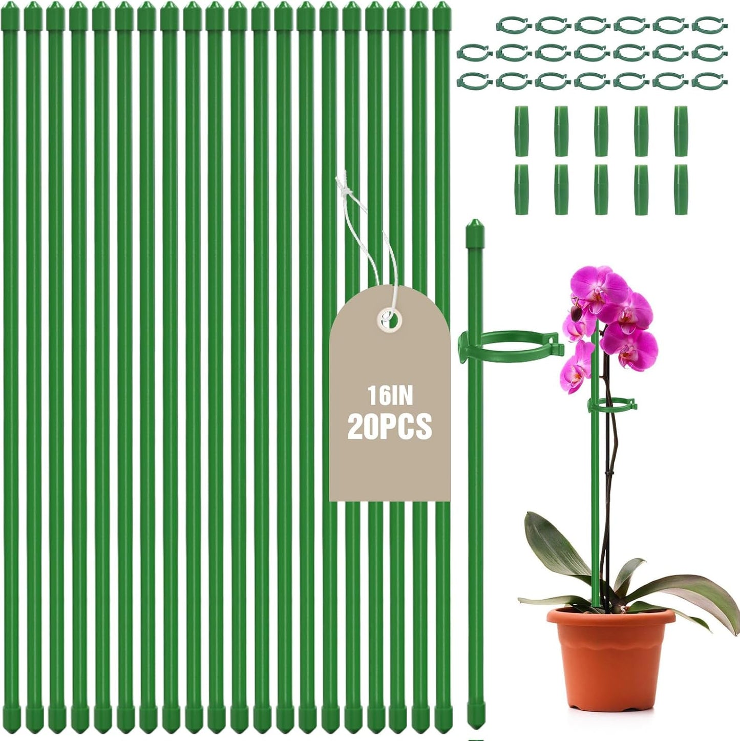 20 Pack 16 Inch Plant Support Stakes for Indoor & Garden | Sturdy plastic, Lightweight, Adjustable height, Easy install, Supports tomatoes, Beans, Orchids, Vegetables
