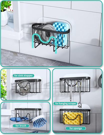 HapiRm Multifunctional Sponge Holder with Unique M-Shaped, 2 Installation Methods Kitchen Sink Caddy Organizer, Rustproof Stainless Steel Kitchen Organizers and Storage Essentials - Black