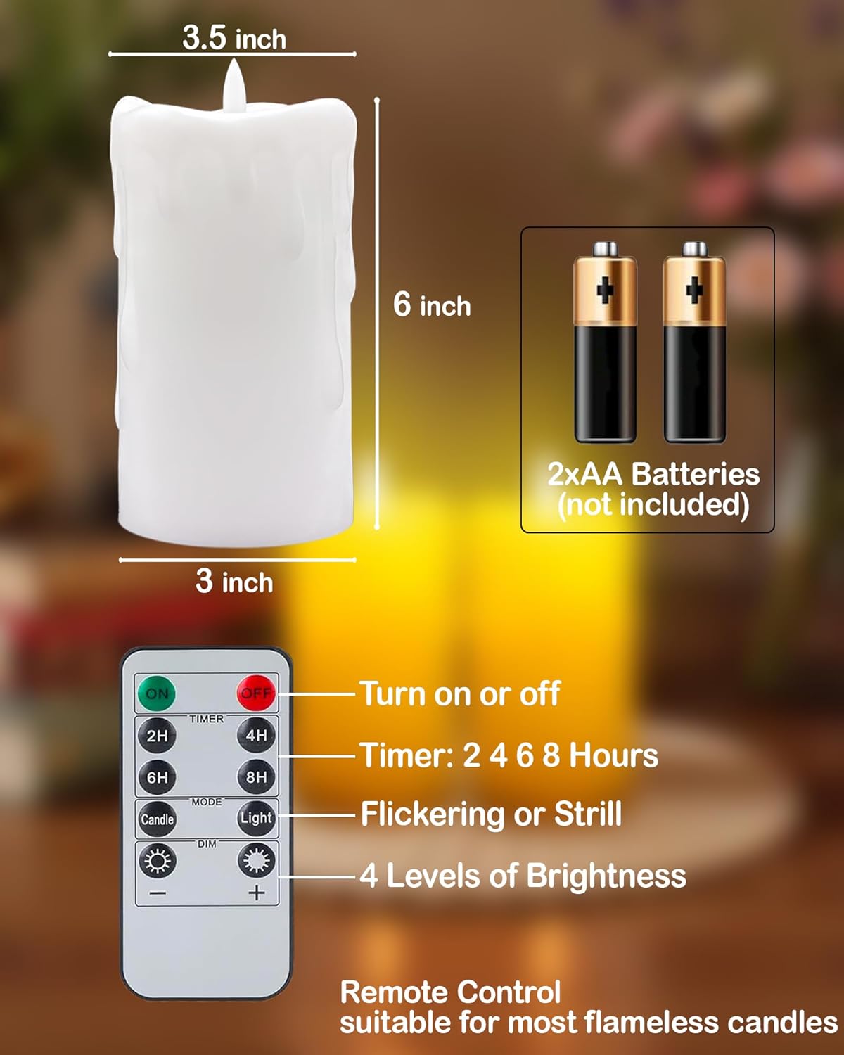 Gmnee 3"x4" Flickering Flameless Candles with Remote Timer, Real Wax, Ivory Pillar Candles, Set of 3 Fake LED Battery Operated Candles for Home, Fireplace, Centerpiece, Rustic and Farmhouse Decor