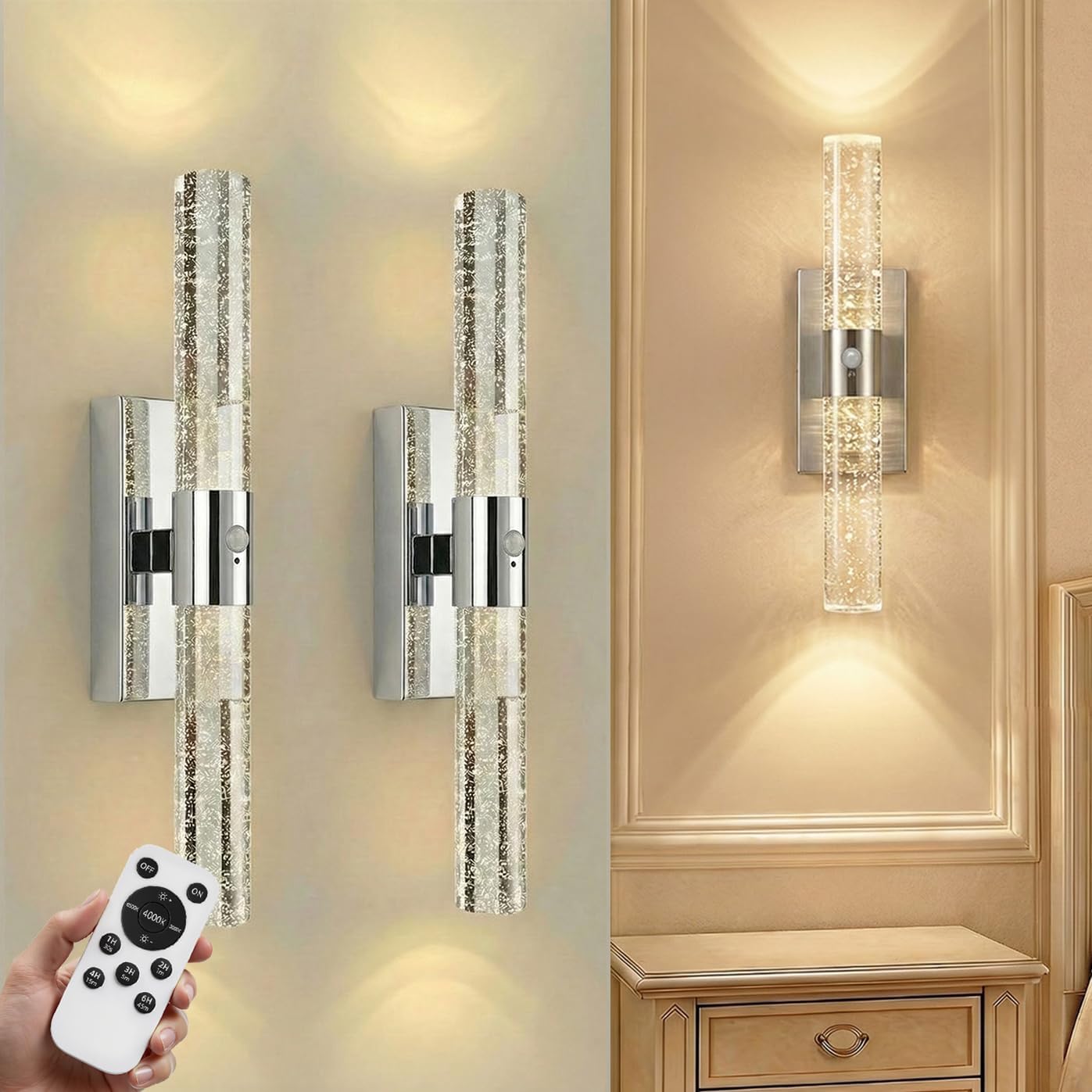 IRONPAX Wall Sconces Battery Operated Set of 2, Wireless Rechargeable Wall Sconce Set of Two, Dimmable Wall Lights with Remote for Bedroom Living Room Hallway Decor (Gold, Fabric Shade)