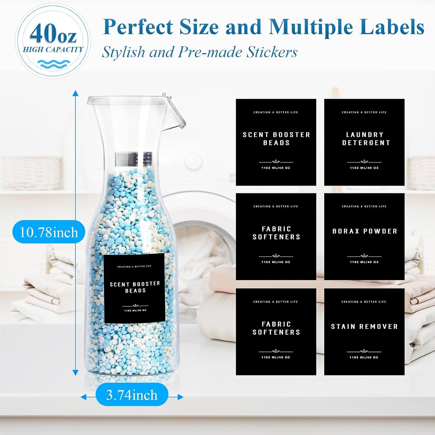 Laundry Detergent Dispenser Bottle 40oz with Waterproof Label for Laundry Detergent Soap Fabric Softener Bleach Scent Booster Beads, Sturdy PET Bottle for Laundry Room Decor 2 Pack White