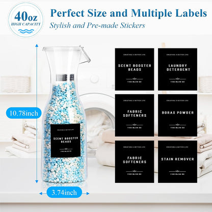 Laundry Detergent Dispenser Bottle 40oz with Waterproof Label for Laundry Detergent Soap Fabric Softener Bleach Scent Booster Beads, Sturdy PET Bottle for Laundry Room Decor 2 Pack White