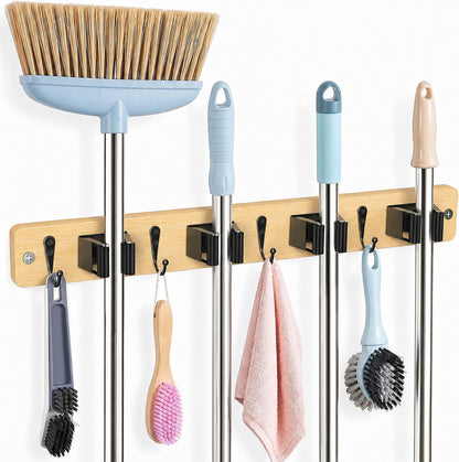 AceMining Broom Holder Wall Mounted, White 4 Holders and 4 Hooks Mop Holder, Wooden Mop and Broom Holder with Anti slip rubber, Natural pine wood Brush Holder, Mop Wall Holde with Nail installation
