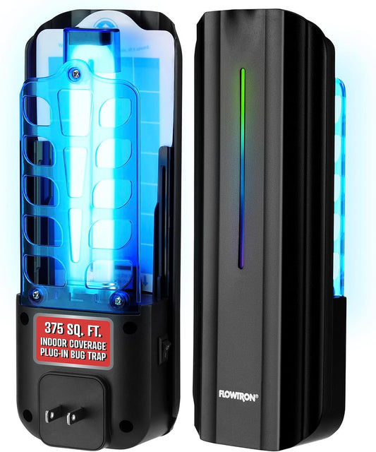Flowtron Indoor Plug-in Fly Trap, 9W UV Light Electric Insect Trap with Adhesive Board – Silent Mosquito, Gnat & Fruit Fly Catcher, 375 Sq Ft Coverage (Black)