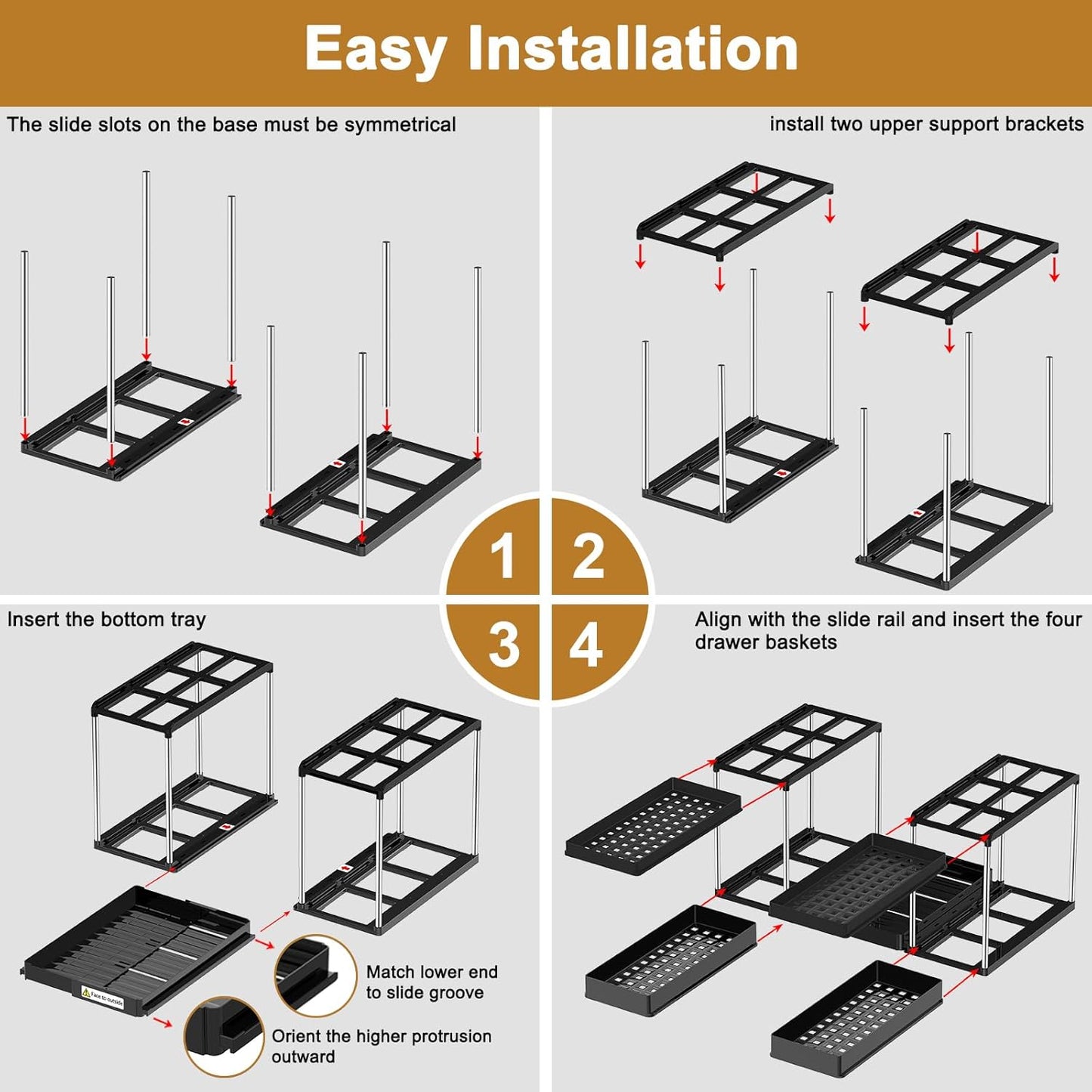 NIUXX Expandable Under Sink Organizer: 2 Tier Height Adjustable Under Cabinet Organizer - Double Pull Out Shelf Under Sink Storage for Kitchen - Bathroom and Laundry Room - Space Saving