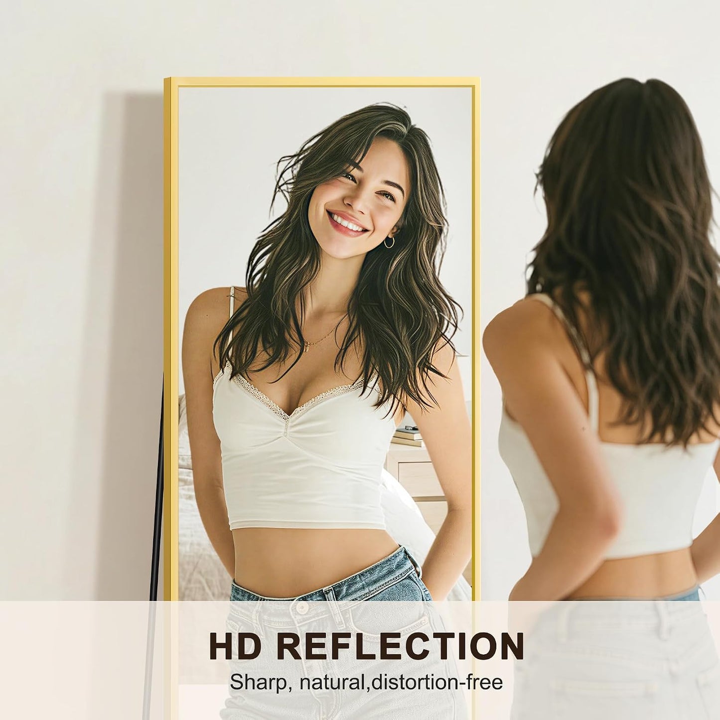 FICTOR Full Length Mirror with Stand, Floor Standing Mirror Full Body, HD Shatterproof Black Frame Wall Mirror for Bedroom, Living Room, Dressing Room & Entryway, 56"x15"