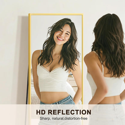 FICTOR Full Length Mirror with Stand, Floor Standing Mirror Full Body, HD Shatterproof Black Frame Wall Mirror for Bedroom, Living Room, Dressing Room & Entryway, 56"x15"