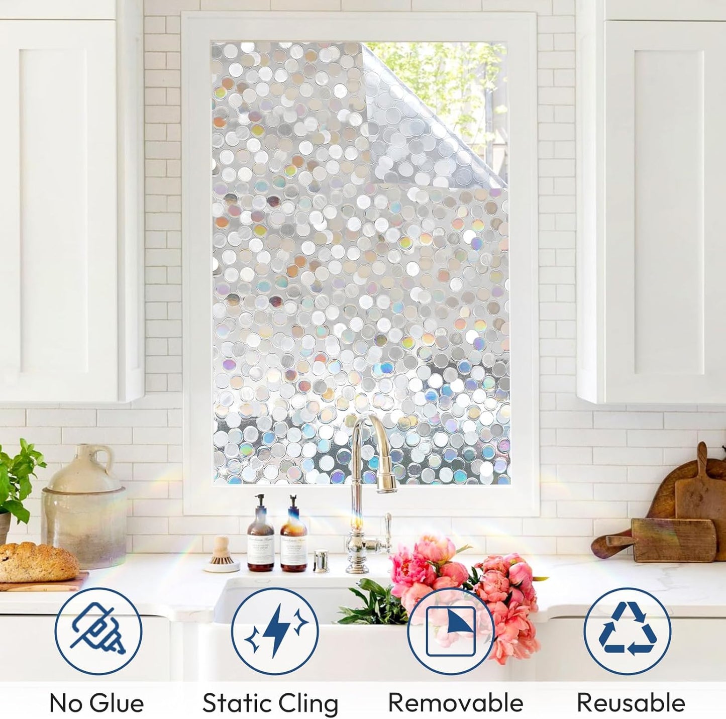 rabbitgoo Window Privacy Film, Frosted Glass Window Clings, Static Cling UV Heat Blocking Door Stickers for Home Bathroom, Removable Indoor Decal Coverings Day and Night, Pure, 17.5 x 78.7 Inches