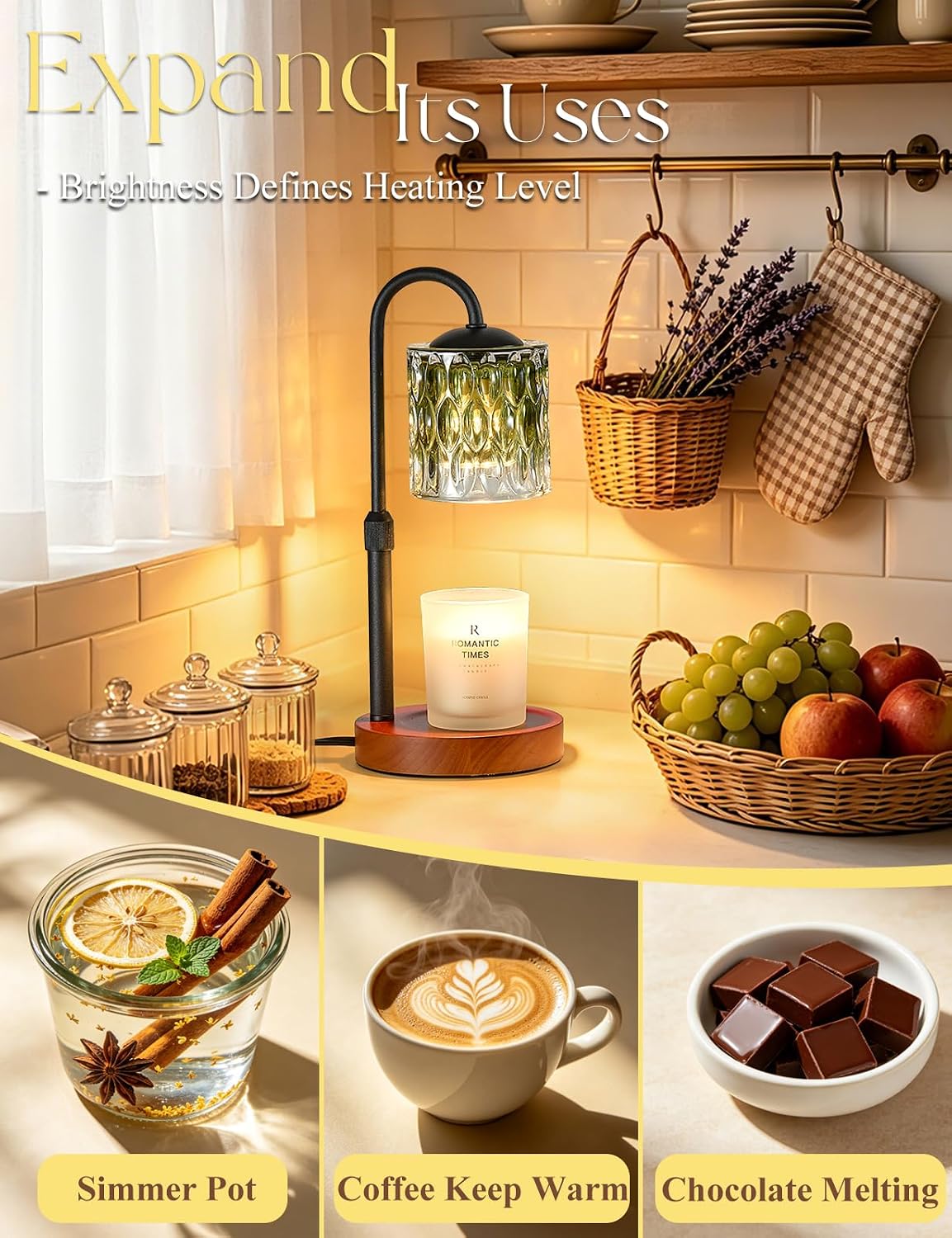 Briever Dimmable Candle Warmer Lamp with Timer, Height Adjustable Electric Candle Wax Warmer, Christmas Birthday Gifts for Women Mom, House Warming Gifts New Home Room Decor, Walnut Solid Wood Base