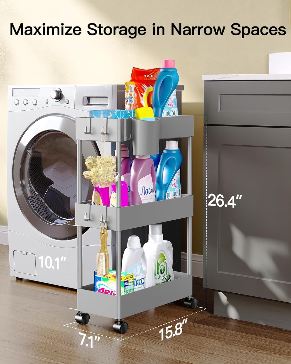 Pipishell Slim Storage Cart with Wheels - Bathroom Cart Organizer Storage, 4 Tier Rolling Carts for Bathroom, Laundry Room, Kitchen, Narrow Space, Black PIUC05