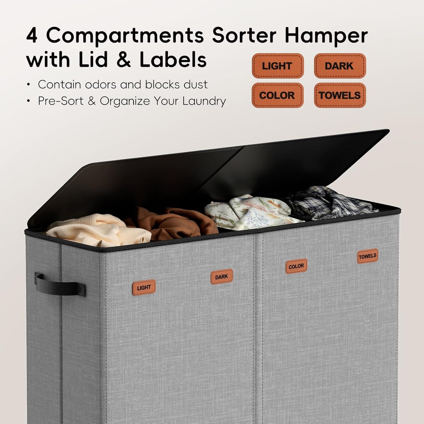 185L Laundry Hamper 3 Section, Laundry Hamper with Lid, Dirty Clothes Hamper with 3 Removable Washing Bags, Extra Large Laundry Basket Organizer for Bedroom, Laundry Room, Dorm - Black
