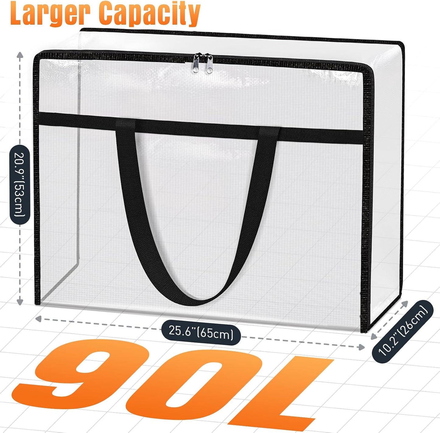4 Packs Clear Under Bed Storage Containers - 60 L Large Capacity Clothes Storage Bags with Lid & Sturdy Handles, Foldable Moving Bags, Clothing Organizer Totes for Bedding, Comforter, Sheet