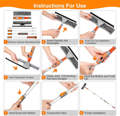 LOMIDA 2-in-1 Window Squeegee Cleaner with 62" Window Cleaning Tool Kit with Extension Pole, Bendable Head for Extra Force, Window Washing Equipment Car/Glass/Shower (2 Fiber Pads)