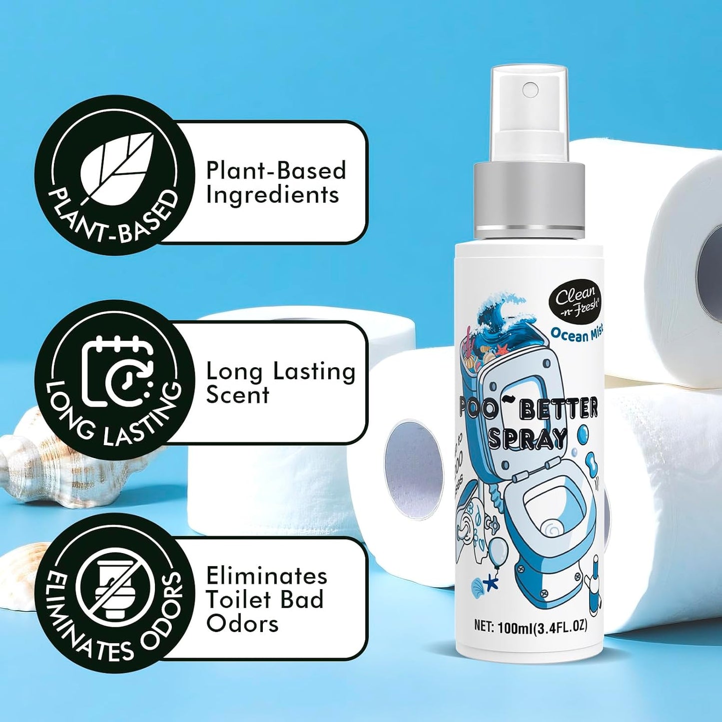 Clean-n-Fresh Toilet Spray, 6.8 Fl.oz Poo Spray | Up to 400+ Uses, 100% Natural Plant Essential Oil Citrus Scent, Bathroom Deodorizer