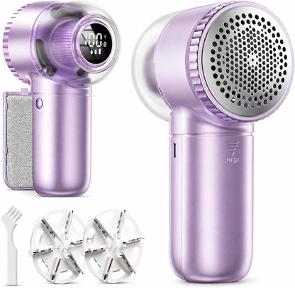 Fabric Shaver, 𝟮 𝗶𝗻 𝟭 Rechargeable Lint Remover with Brush, Large Sweater Shaver with Digital Display, 3 Speeds Lint Shaver, 6-Leaf Blades Lint Remover for Clothes, Sofa, Bedding, White
