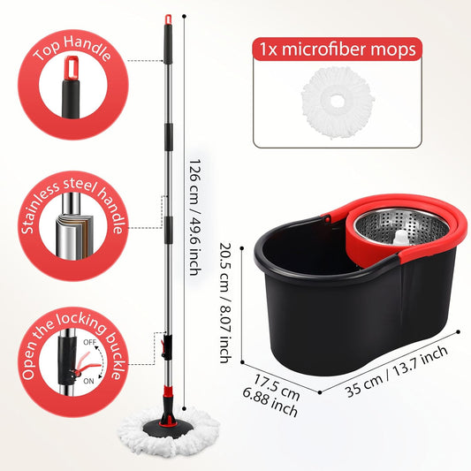 Spin Mop and Bucket, Mop and Bucket with Wringer Set for Home, 360 Spinning Mop Bucket Floor Cleaning Tool with 3 Microfiber Mop Replacement Head Refills,50" Extended Handle for Floor Cleaning Home