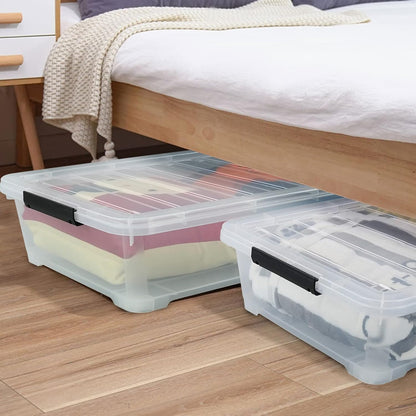 3-Pack Wheeled Plastic Under Bed Storage Box with Lids, 40 L | Under Bed Storage Bin, Secure Side Latch Lid, Built-In Rolling Wheels, Stackable Design, Perfect for Under Bed Storage