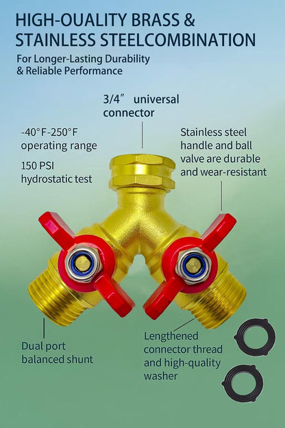 Upgraded Full-Flow Brass Garden Hose Splitter, 3/4 Inch，2-Way Y Connector for Outdoor Faucet, Heavy-duty Handle & Individual Shut-Off Valves, Ideal for Garden Irrigation & Cleaning Tasks