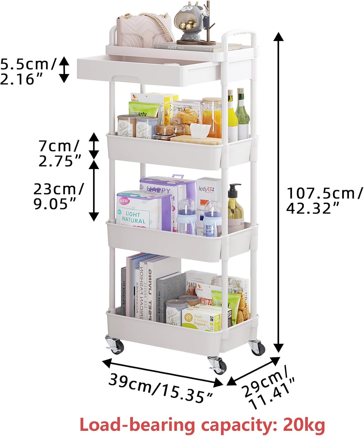 Calmootey 3-Tier Rolling Utility Cart with Drawer,Multifunctional Storage Organizer with Plastic Shelf & Metal Wheels,Storage Cart for Kitchen,Bathroom,Living Room,Office,White