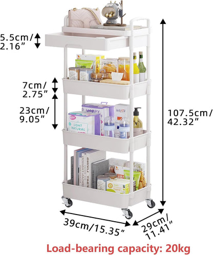 Calmootey 3-Tier Rolling Utility Cart with Drawer,Multifunctional Storage Organizer with Plastic Shelf & Metal Wheels,Storage Cart for Kitchen,Bathroom,Living Room,Office,White
