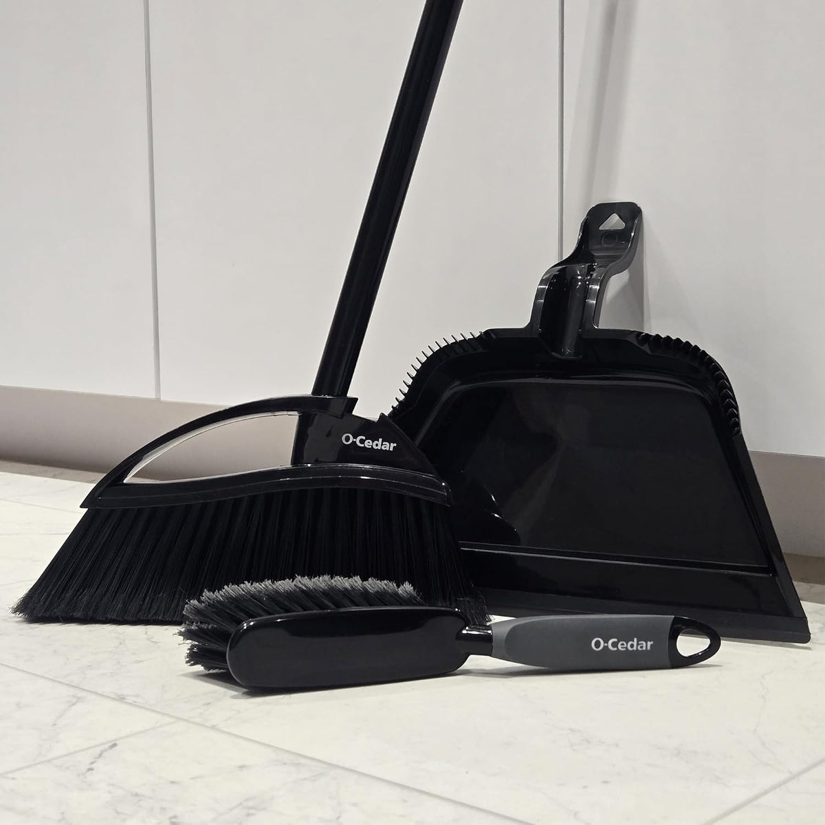 O-Cedar Strong Sweep Broom and Dustpan Set with Detail Brush | Indoor Outdoor Heavy Duty Stiff Bristle Broom | Step-On Dust Pan